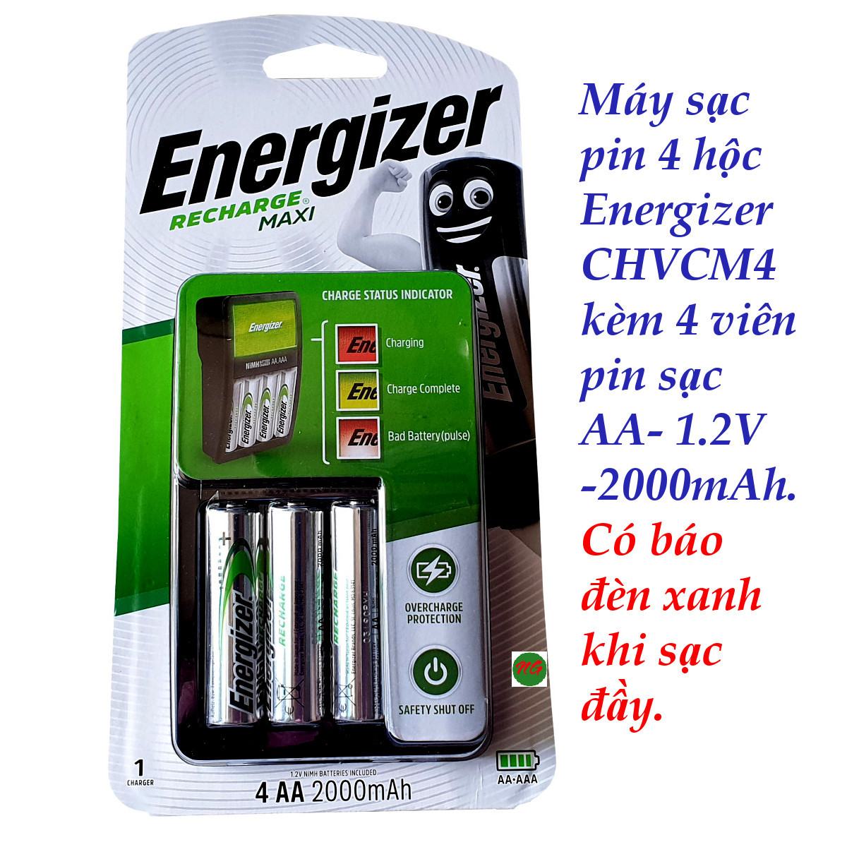 Máy sạc pin AA và AAA có báo đèn khi sạc đầy Energizer CHVCM4 kèm 4 viên pin sạc AA 2000mAh