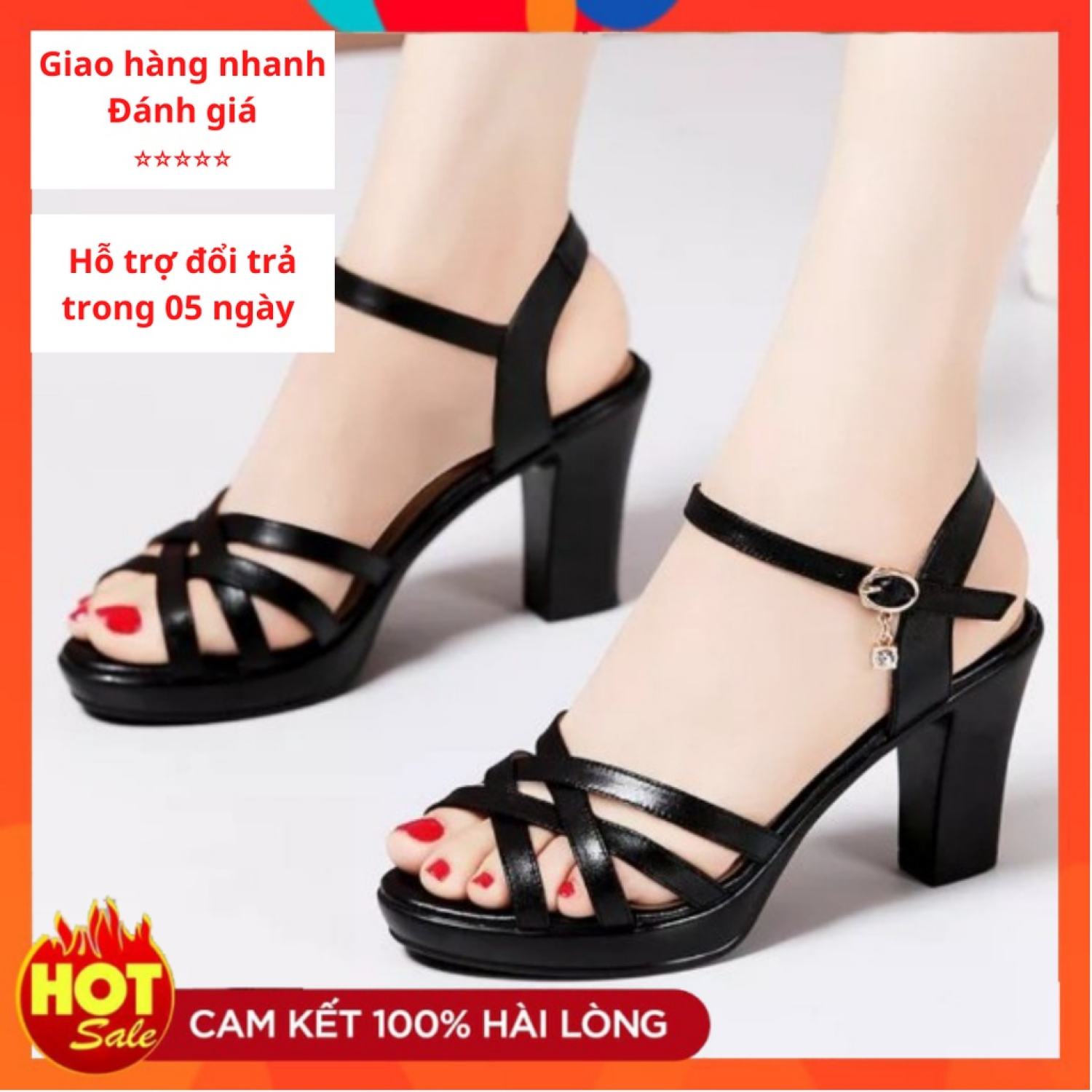 Dép nữ cao gót ĐẸP mẫu quai hậu đan gót vuông 7 phân chắc chắn, Thời Trang hè