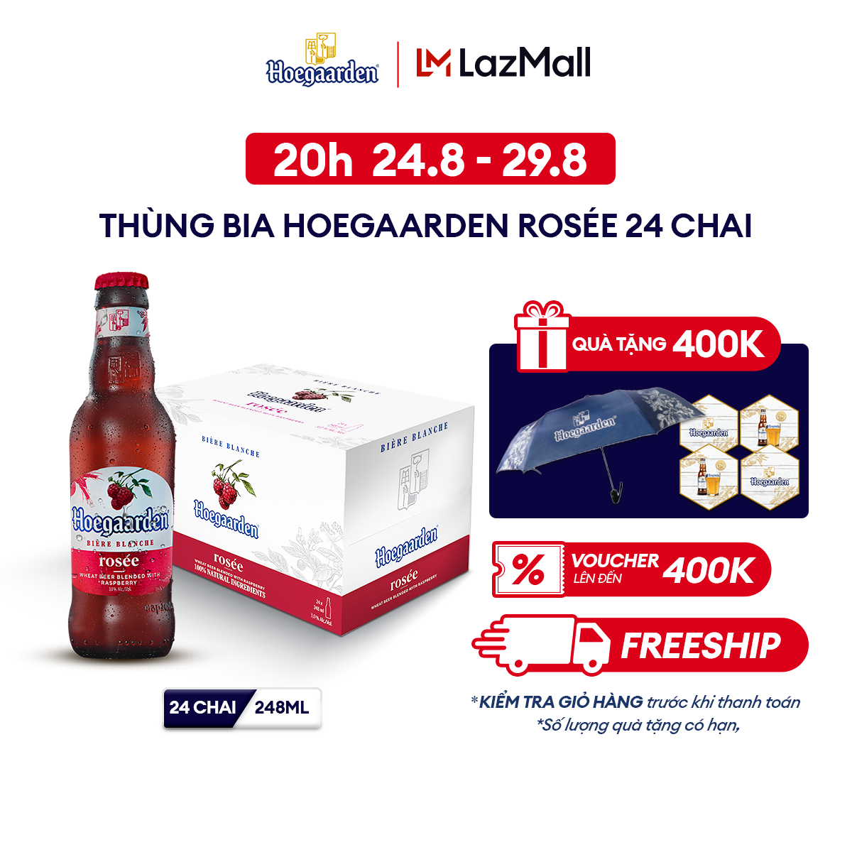 [20h 24.8 - 29.8 VC ĐẾN 50K+FS] Thùng 24 chai bia Hoegaarden Rosee (248ml/chai)