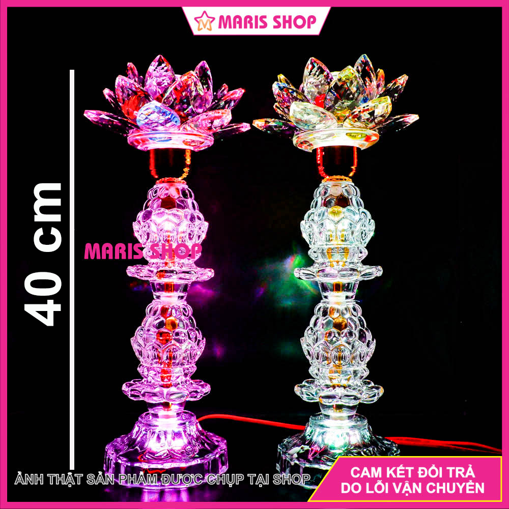 Đèn thờ pha lê nguyên khối cao 40cm loại lớn cao cấp led đổi màu tiết kiệm điện chưng bàn thờ