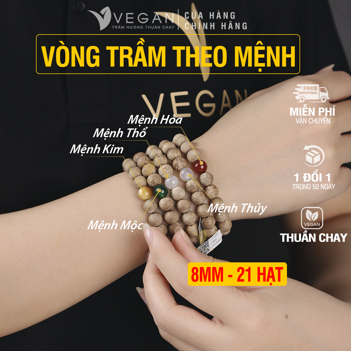 Vòng tay vegan trầm hương thuần chay tốc kiến mix theo mệnh thủy, hỏa, mộc, kim, thổ 8mm 21 hạt
