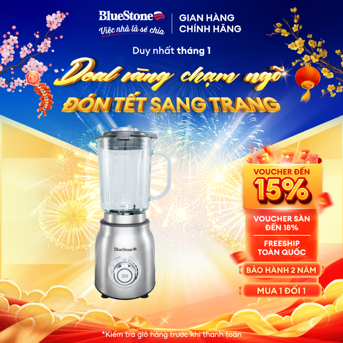 Máy Xay Sinh Tố BlueStone BLB-5377 (1.75 Lít)  - Công suất 1000W - Lưỡi dao răng cưa 6 cánh bằng thép không gỉ - Có thể xay đá - Bảo hành 2 năm - Hàng chính hãng