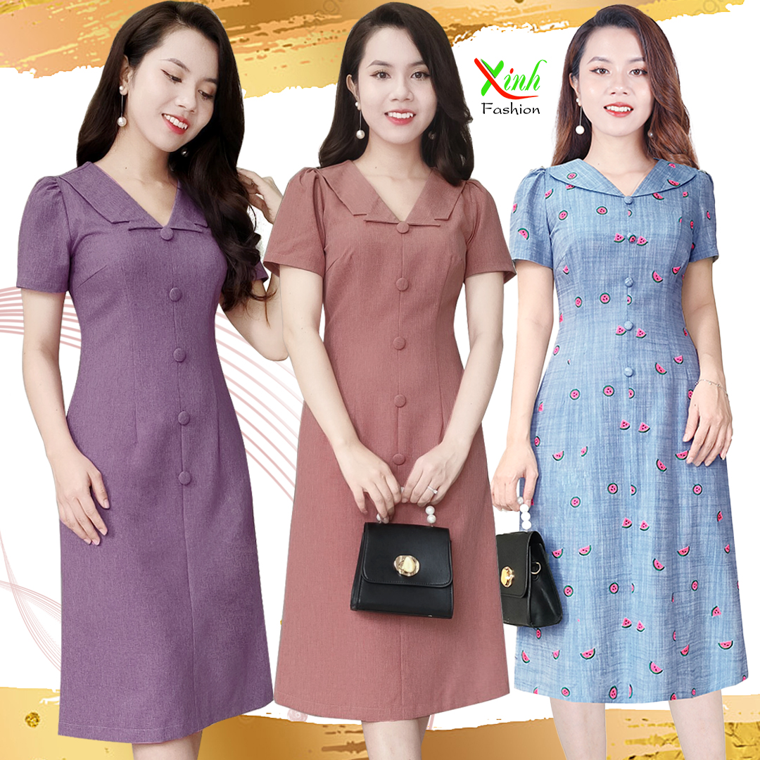 Đầm suông a cổ bẻ trẻ trung gọn dáng tuổi trung niên dl924 dl926 dl922