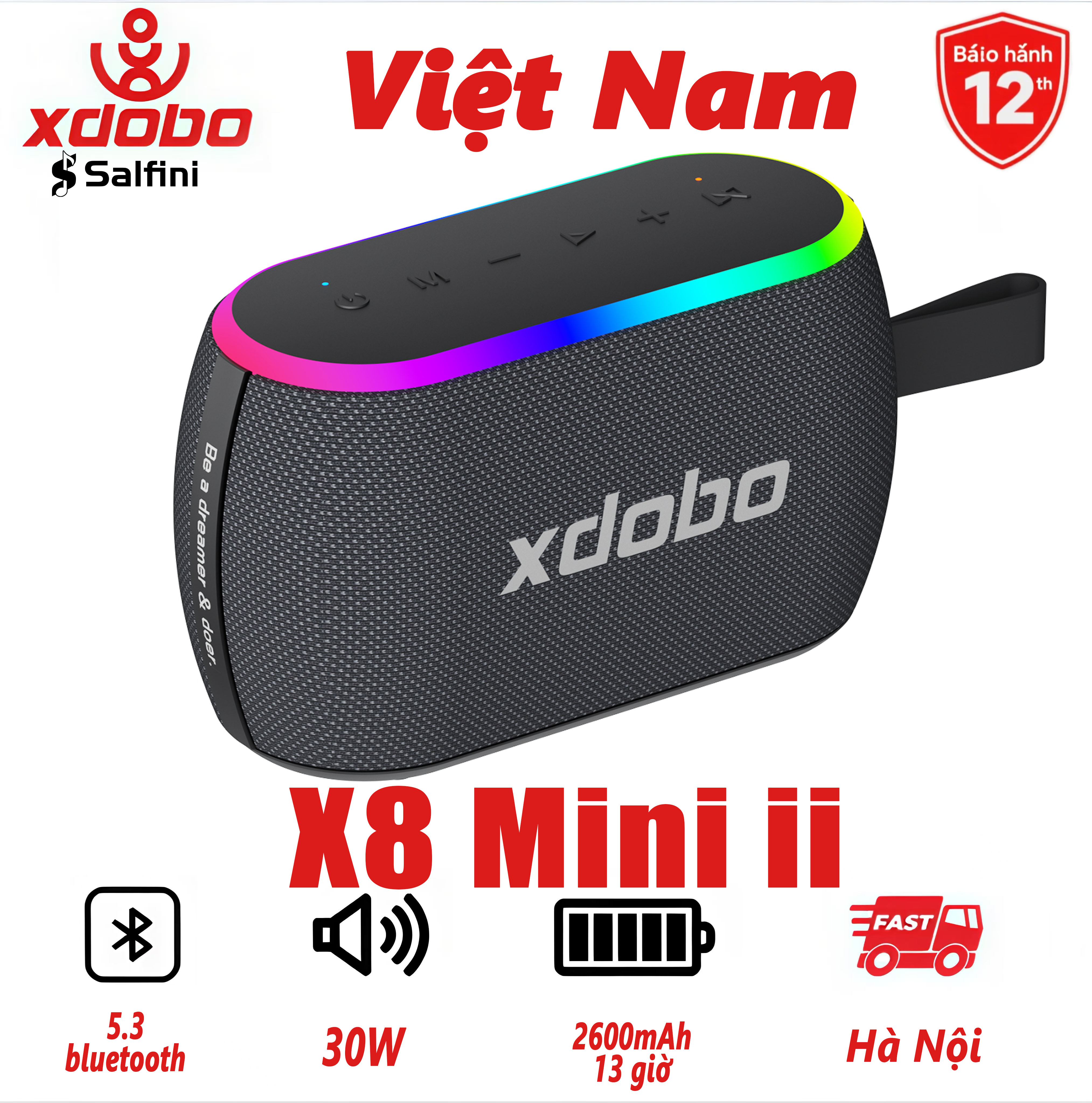  Loa bluetooth 5.3 Xdobo X8 Mini II công suất 30W Hỗ trợ thẻ nhớ Usb Aux Tws 