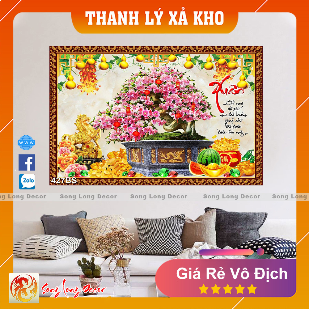 Tranh dán tường 3d Bon Sai Hoa Đào - Tranh 3D Phong Thủy Ngày Tết - Giấy dán tường 3d - Song Long Decor - 427BS