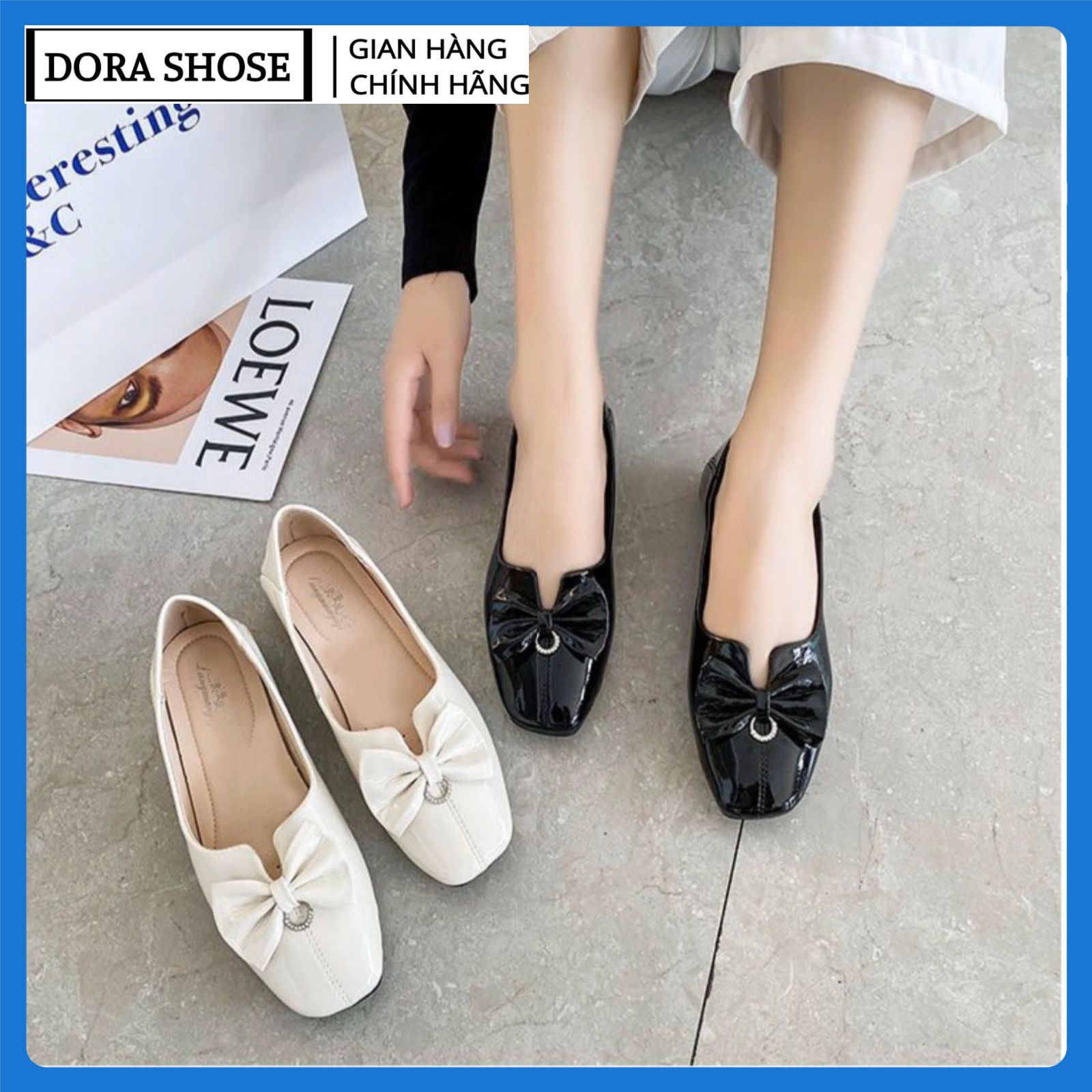Giày búp bê, giày bệt nữ, giày đế bằng da bóng siêu mềm đính nơ đế cao su đúc siêu êm