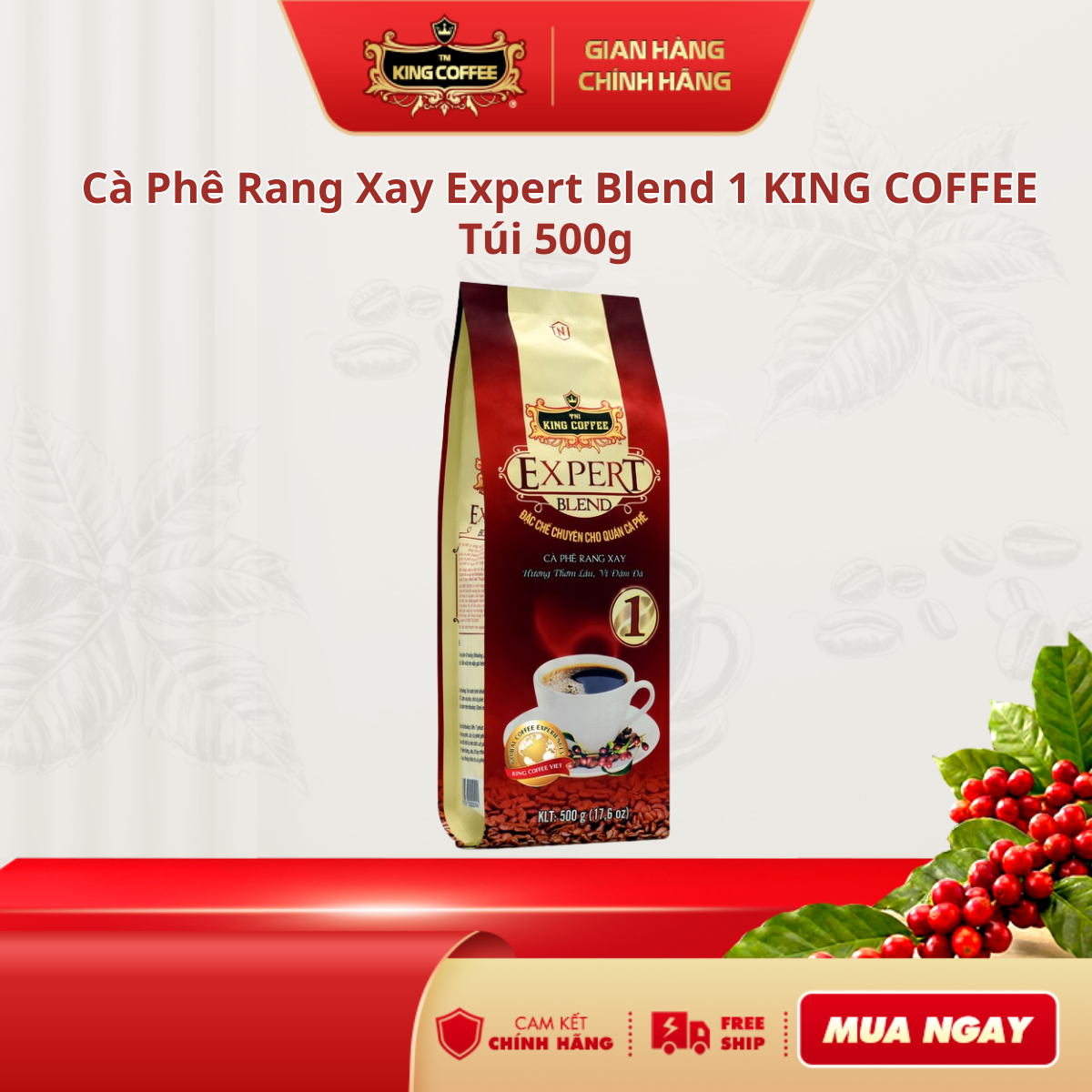 Expert Blend Roasted Coffee 1 King Coffee - 500g Bag - Special Product Exclusively for Cafes - Pure Robusta Coffee from Buon Ma Thuot - Rich and Long-Lasting Aroma