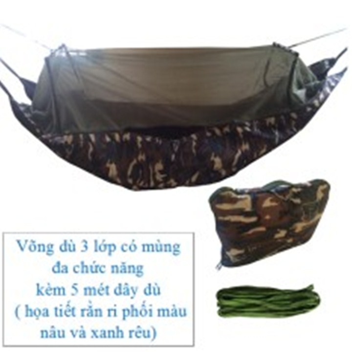 Võng Dù 3 Lớp Có Mùng Rằn Ri Đa Chức Năng Cao Cấp Nhập Khẩu Từ THÁI LAN : Không Dây & KÈM 5m Dây Dù Loại 1 - Dài 2m2 và 2m5*1m4