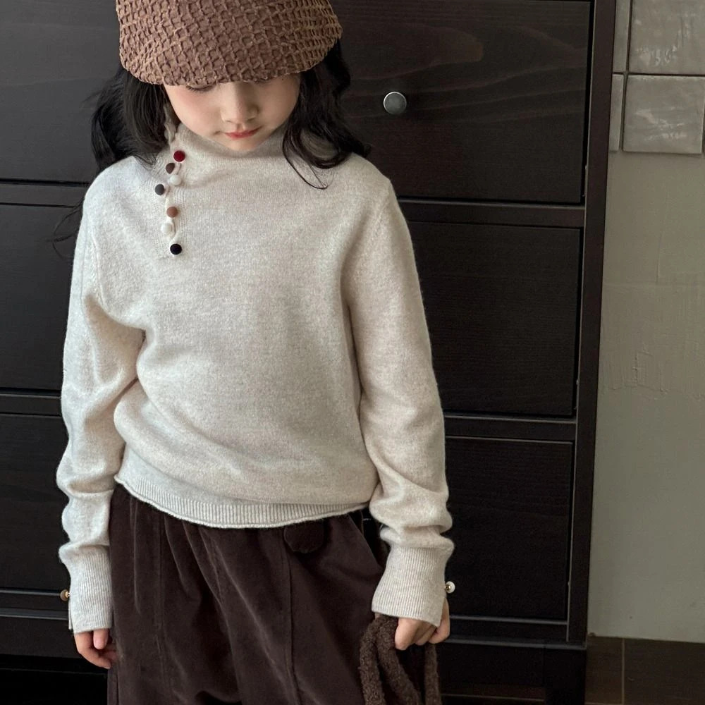FC Áo len cổ lọ cho bé gái, dệt kim, mùa thu đông, phong cách Hàn Quốc mới, áo sơ mi cơ bản cho trẻ em với nút màu sắc - 3