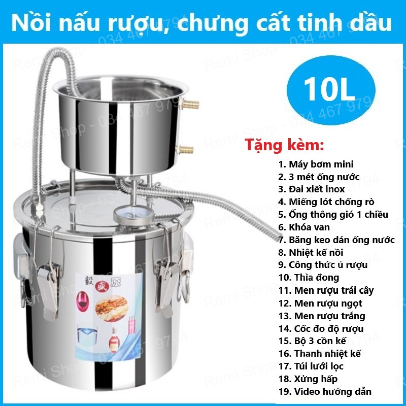 Bộ nồi chưng cất tinh dầu nước hoa hồng INOX 10L (tặng máy bơm mini, bộ đo độ rượu và 3 loại men rượu) nồi nấu rượu đa năng 24cm dùng với bếp điện, bếp từ, bếp gas, bếp củi. Nồi hấp xôi ủ lên men rượu, nồi luộc gà hầm canh