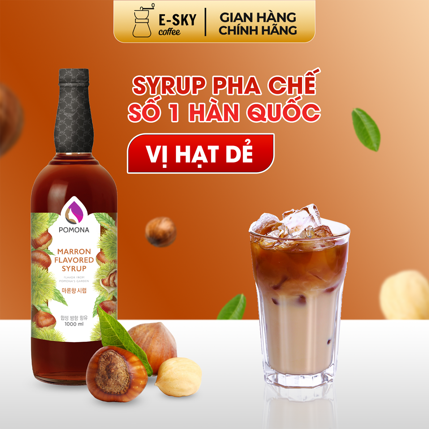 Siro Hạt Dẻ Pomona Marron Syrup Nguyên Liệu Pha Chế Hàn Quốc Chai Thủy Tinh 1 lít