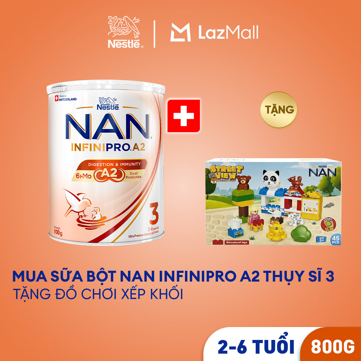 [Tặng Bộ đồ chơi xếp khối đường phố] Sữa bột Nestle NAN INFINIPRO A2 3 800g Cho Bé 2 - 6 Tuổi Có Đạm A2, 6HMO  Lợi Khuẩn Kép hỗ trợ tiêu hóa, đề kháng