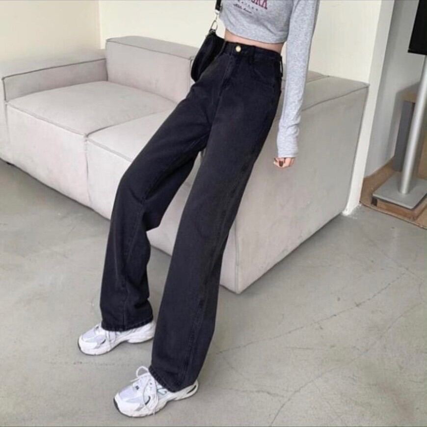 Quần jean nữ ống rộng ống suông chất bò đen lai cuốn fom nâng mông phong cách hàn quốc hottrend