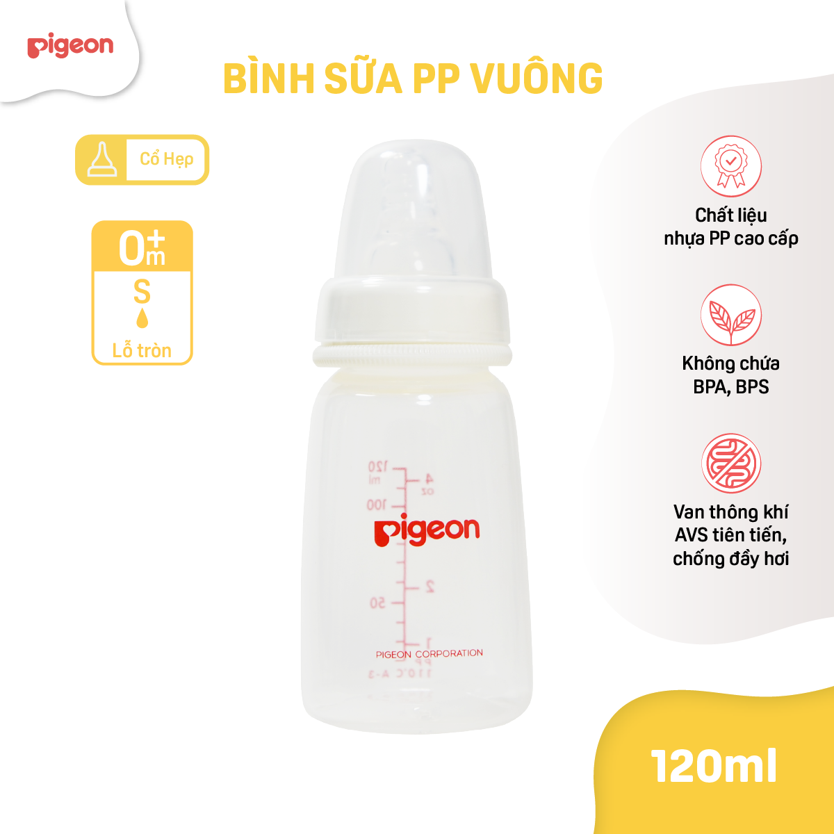 Bình sữa cho bé Pigeon cổ hẹp nhựa PP cao cấp 120ml (S) núm ti siêu mềm chống sặc chống đầy hơi cho trẻ sơ sinh chính hãng
