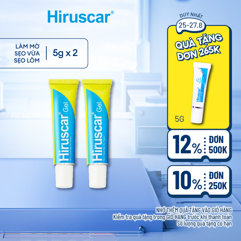 Bộ 2 Gel Hiruscar cải thiện sẹo vừa, sẹo lõm, sẹo thâm Hiruscar 5g