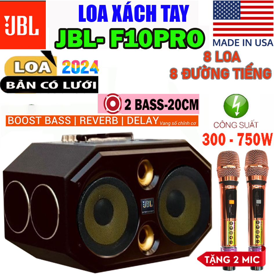 (MẪU MỚI HÀNG MỸ  2024 ) Loa Xách Tay Karaoke 8 Đường Tiếng JBL F10PRO  Kèm 2 Micro Siêu Ngon, Công Suất Cực Đại 700W Bass Cực Mạnh ,8 Loa 2 Bass 20cm Siêu Trầm 4 Treble  2 Trung , Âm Thanh Sáng Ấm, Bluetooth 5.0, AUX, USB, Bộ Xử Lý DSP Echo, Delay, Rever