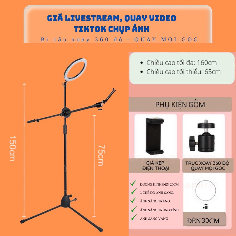 Chân Quay 360 độ Chân Đứng STAND Kèm Giá xoay đa năng có đèn livetream hỗ trợ livetream quay phim chụp ảnh tiện lợi
