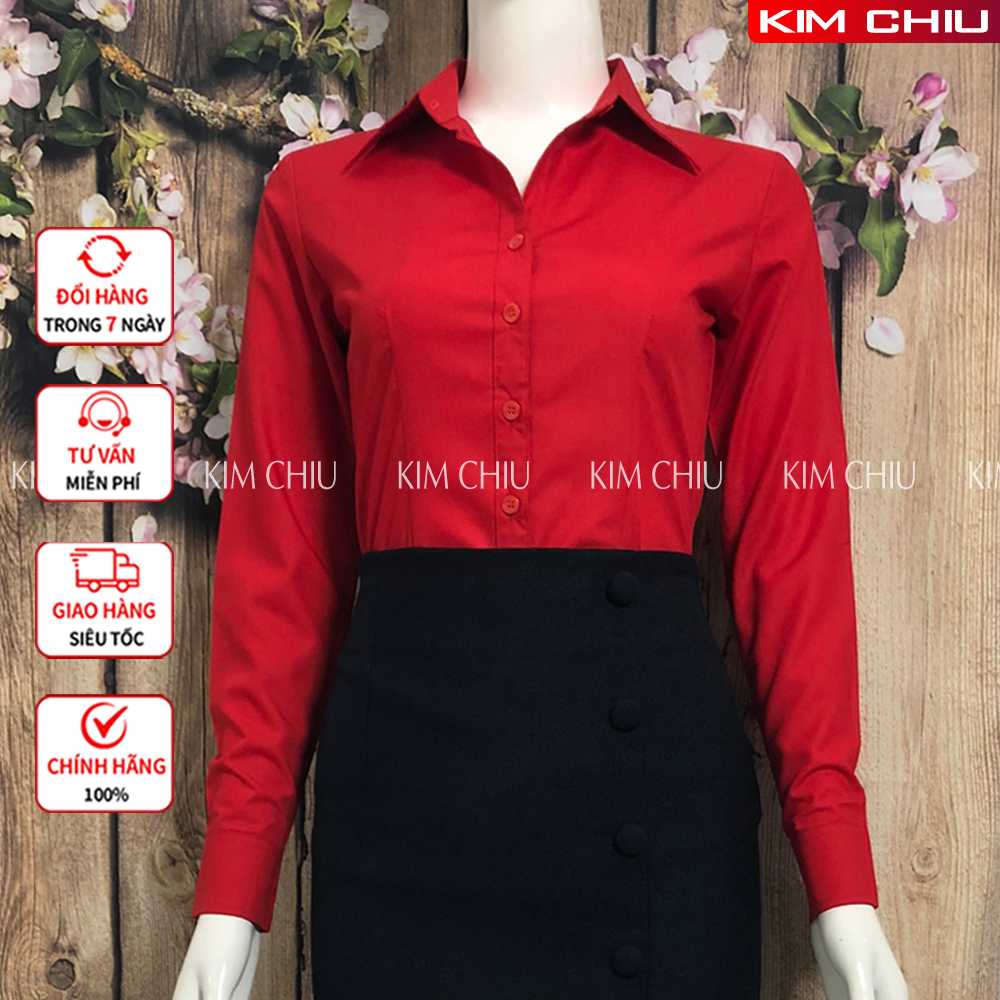 Áo Sơ Mi Nữ Công Sở Cao Cấp Kim Chiu, Form Mai An Màu Đỏ Tươi, Tay Dài Vải Kate Ý Đẹp Ít Nhăn Giãn Nhẹ, ĐỔI TRẢ THOẢI MÁI. SMTD01