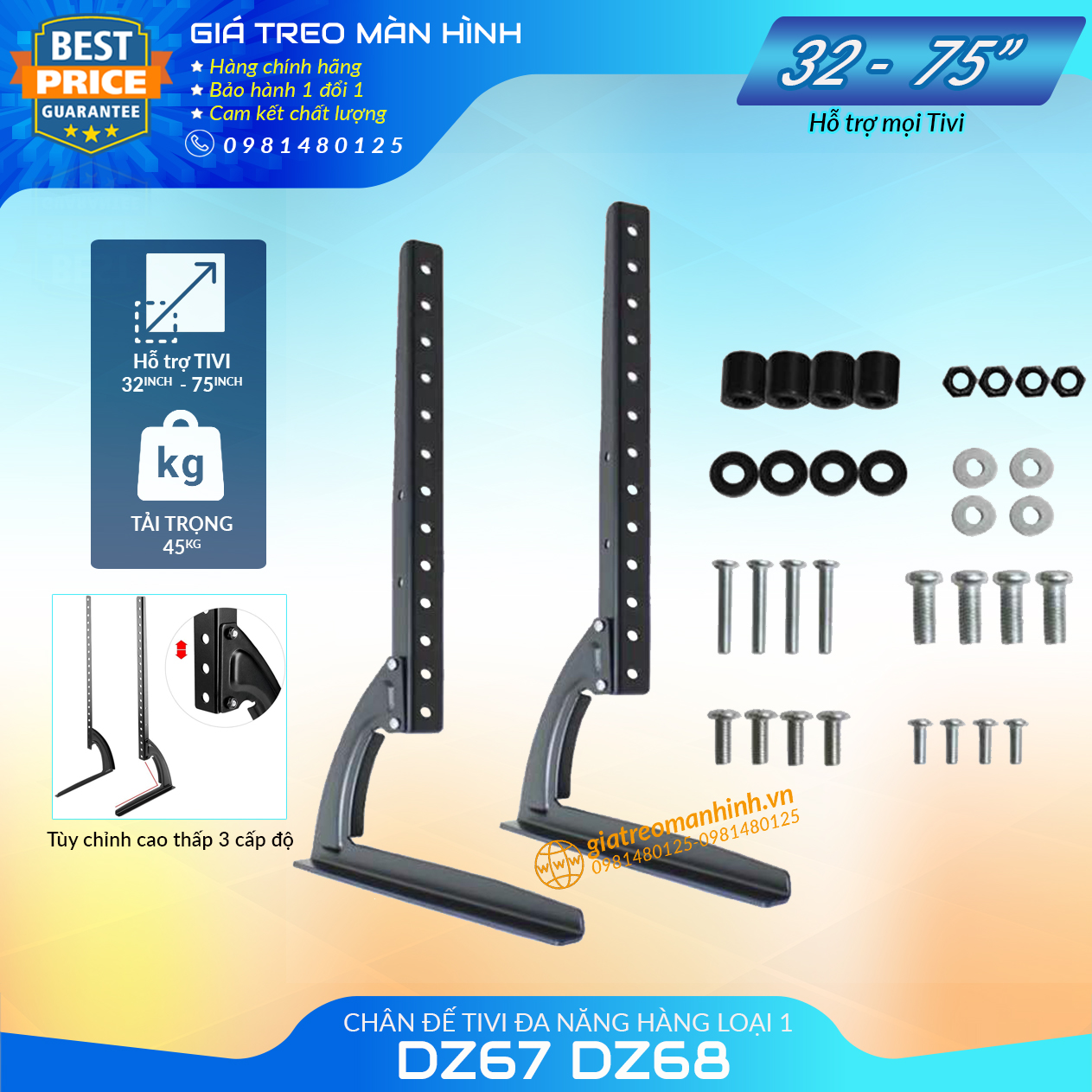 Chân Đế Tivi Đa Năng Lắp Đặt Mọi Hãng Tivi 24 - 75 inch - Tấm Thép Dày Tải Trọng Lớn - Tùy Chỉnh Cao Thấp 3 Cấp Độ