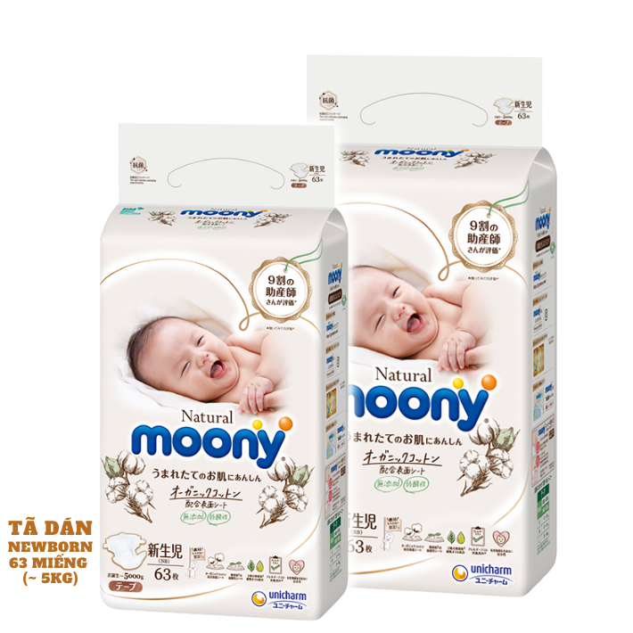 Tã / bỉm dán moony natural size newborn 63 , s58 , m46 , l38