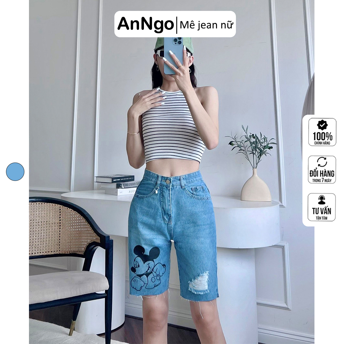 Quần jean ngố nữ, quần lửng hình chuột Mickey cá tính AnNgo - AT25