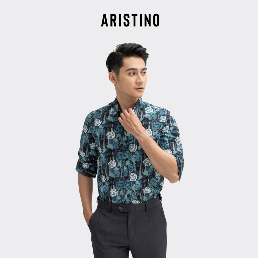 Áo sơ mi nam dài tay ARISTINO họa tiết hoa hồng và chữ tinh tế, ấn tượng, thiết kế tà lượn, chất liệu mềm mại, thoáng mát - ALSM2109