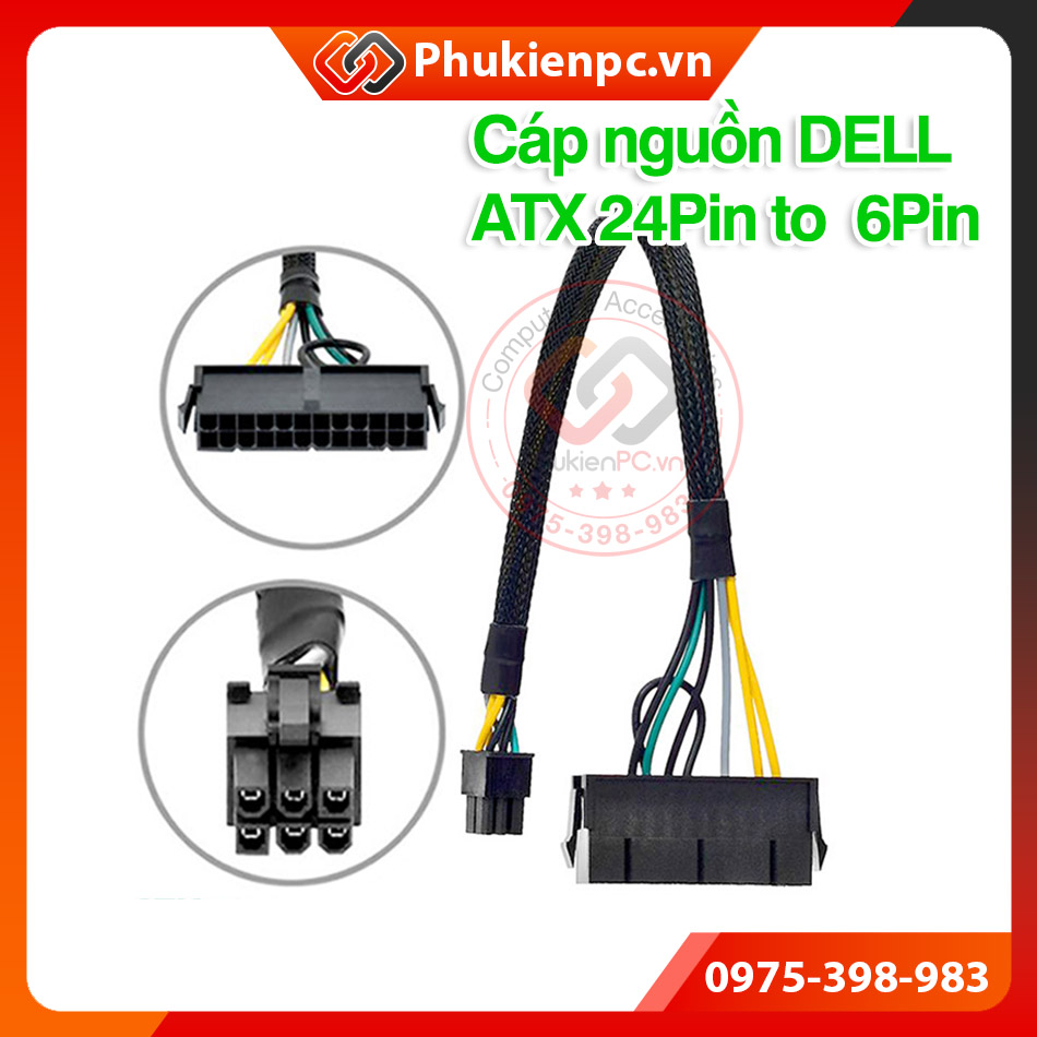 Dây cáp chuyển đổi nguồn ATX 24pin sang 6pin mainboard DELL 3650 3040 7040. Sử dụng thay thế nguồn thường cho máy tính đồng bộ DELL