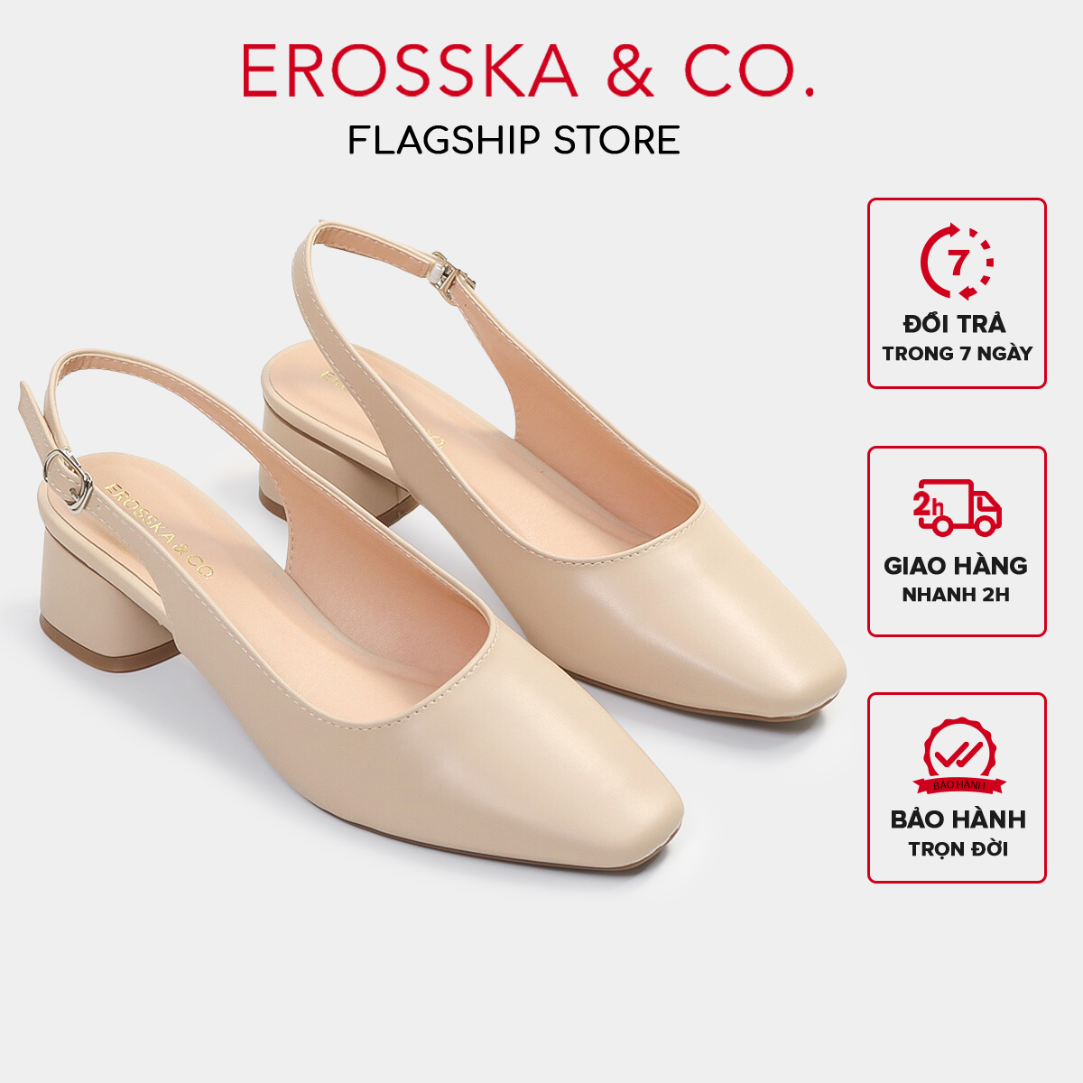 Giày cao gót slingback Erosska mũi vuông gót vuông vững chắc màu kem cao 5cm _ EL013