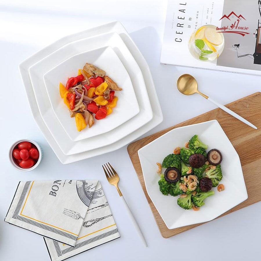 Đĩa sứ trắng cao cấp đựng hoa quả thức ăn phong cách bắc ấu hình vuông