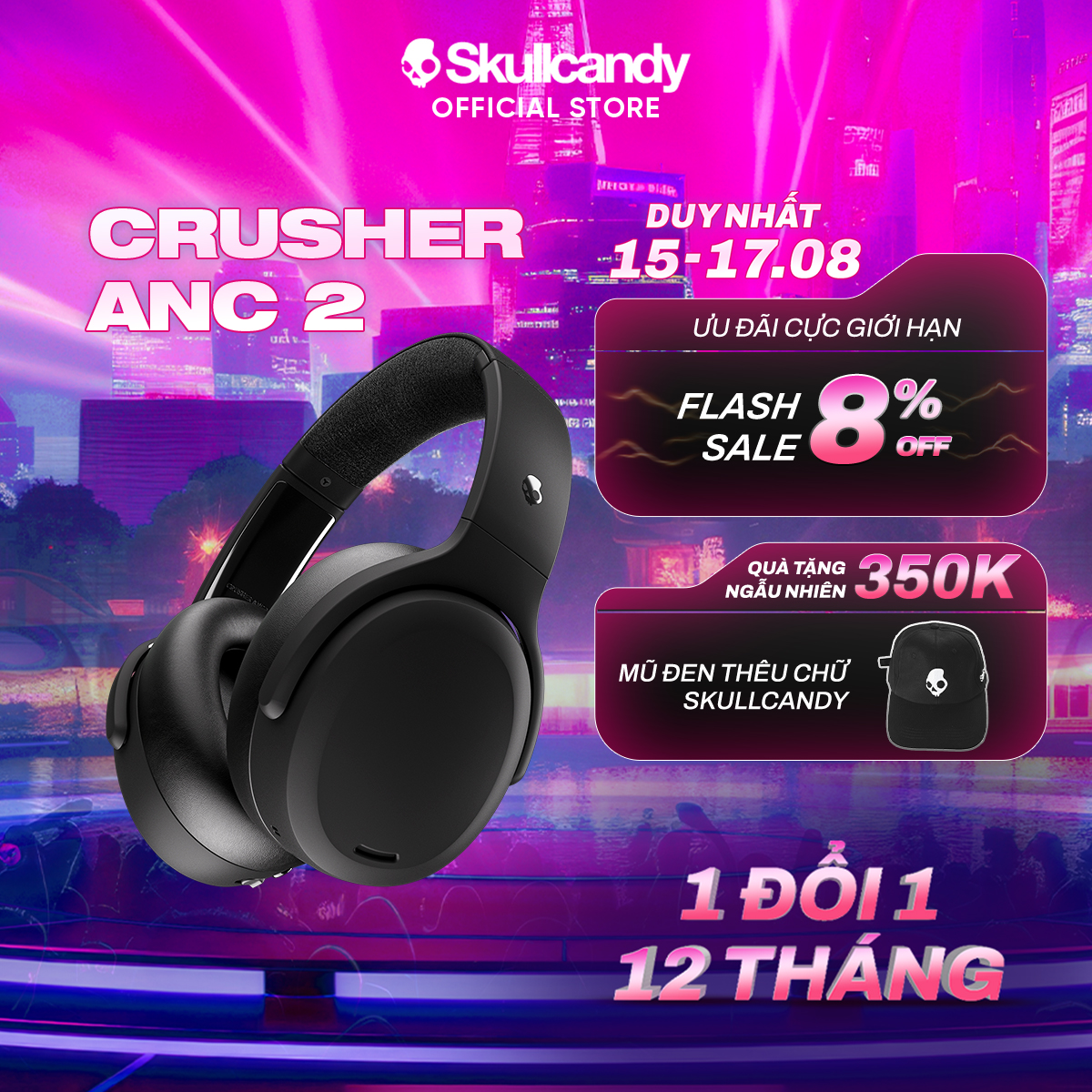 [THƯƠNG HIỆU MỸ] Tai nghe bluetooth chụp tai chống ồn chủ động, bass rung, jack cắm 3.5mm Skullcandy Crusher ANC 2 - BẢO HÀNH 1 NĂM