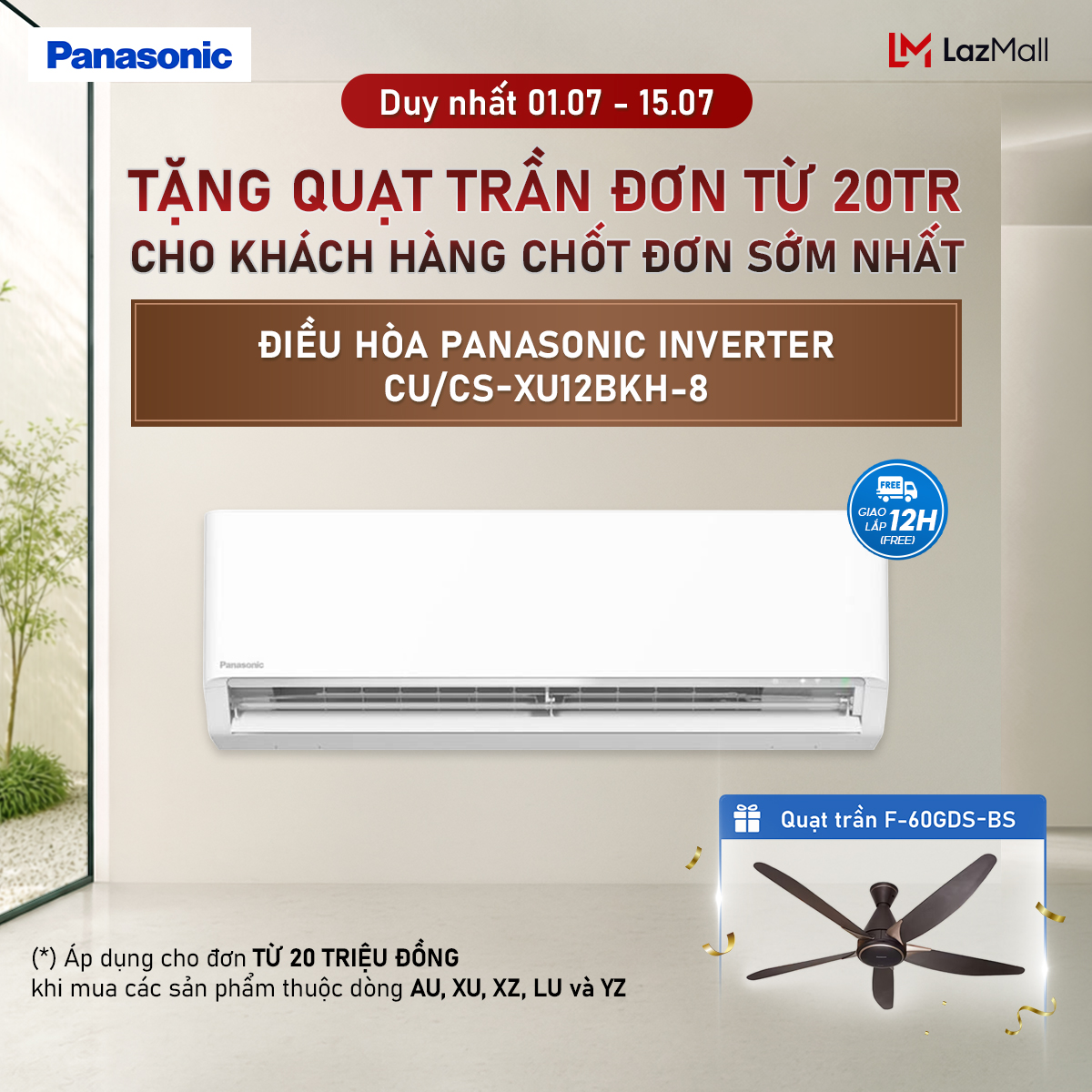 [Trả góp 0%] Máy lạnh/Điều hòa Panasonic Inverter CU/CS-XU12BKH-8 - 1.5HP - Một chiều - Eco AI - Lọc sạch không khí NanoeX - Wifi - Hàng chính hãng