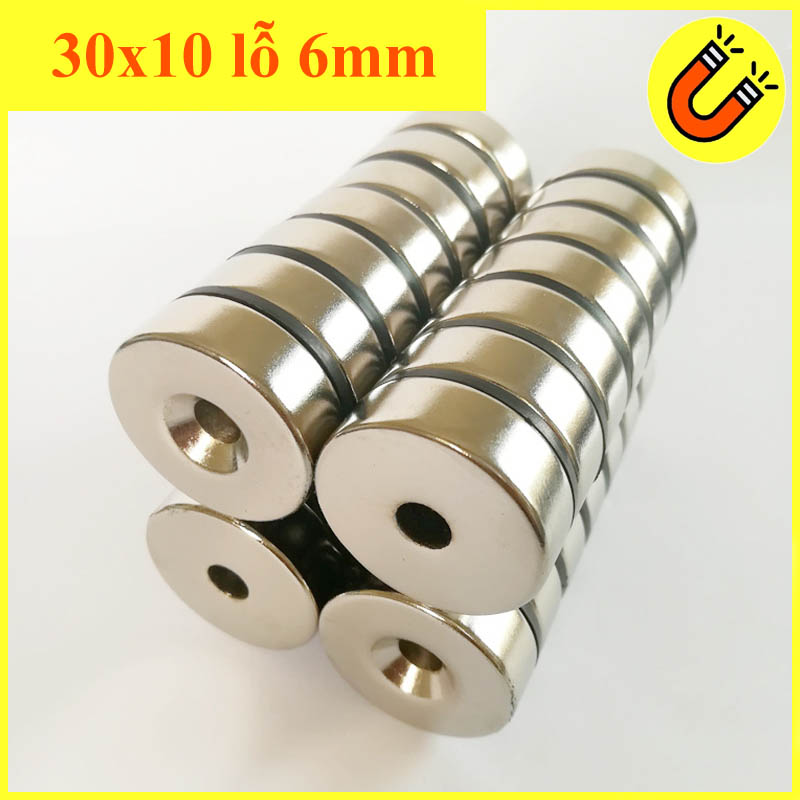 Nam châm tròn đất hiếm 30x10 lỗ 6mm từ tính mạnh
