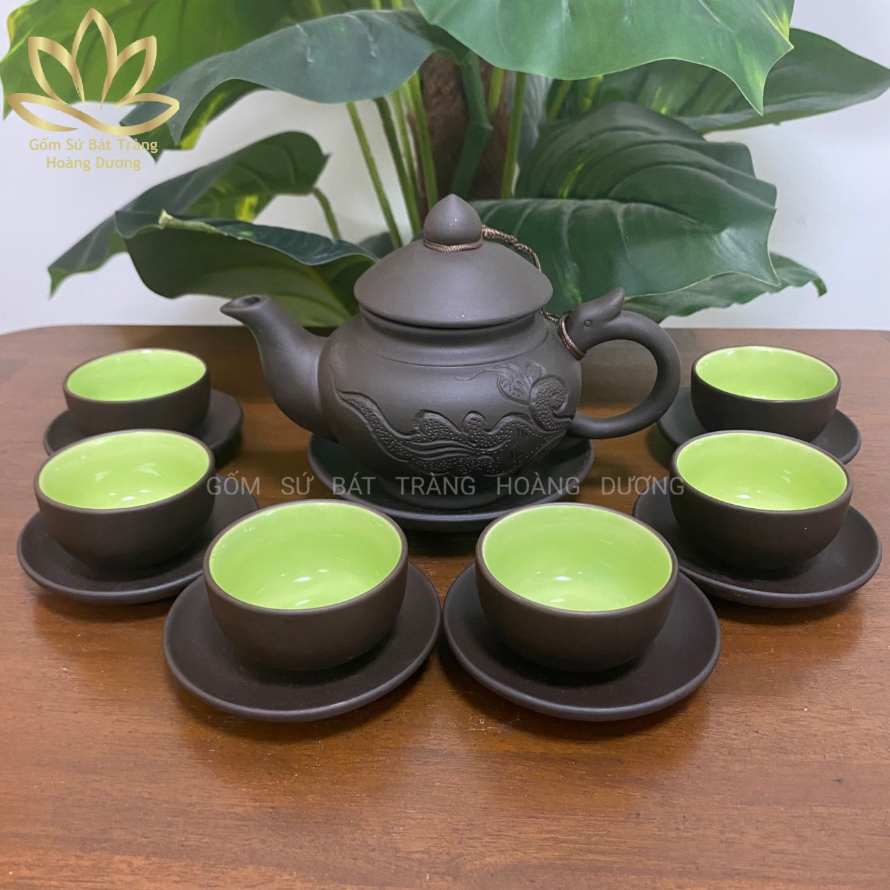 (Hàng nghệ nhân) Bộ ấm chén Bát Tràng đất nung quai rồng 350ml màu đen