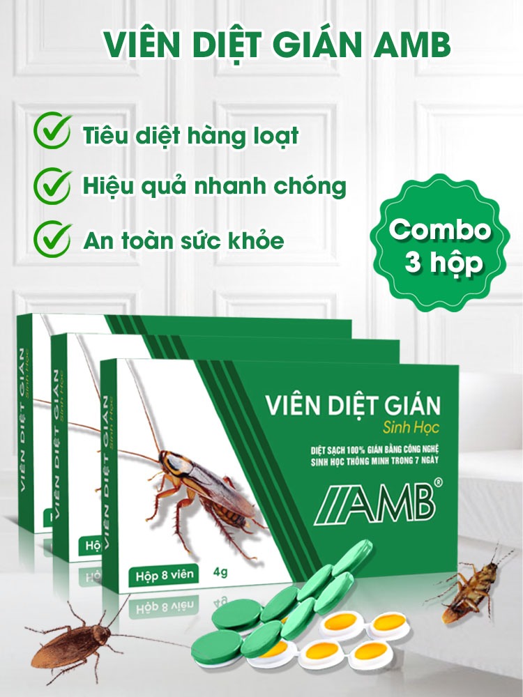 Combo 3 hộp thuốc diệt gián sinh học AMB, thuốc diệt gián Đức hiệu quả, an toàn sức khỏe, hộp 8 viên