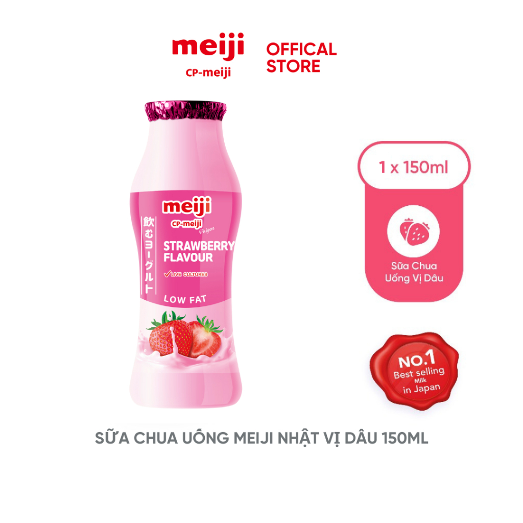 Sữa Chua Uống Meiji ít béo vị dâu, chứa 3 dòng men vi sinh tốt cho tiêu hóa 150ml