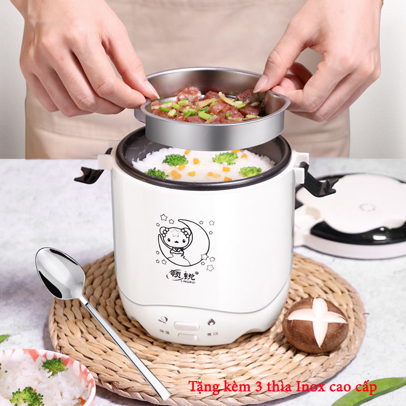 (TẶNG KÈM 3 THÌA INOX CAO CẤP)Nồi cơm điện mini, cặp lồng điện mini 2 in 1 cho dân văn phòng (1.2L), nhỏ nhắn tiện dụng, noi com dien mini, cap long dien mini
