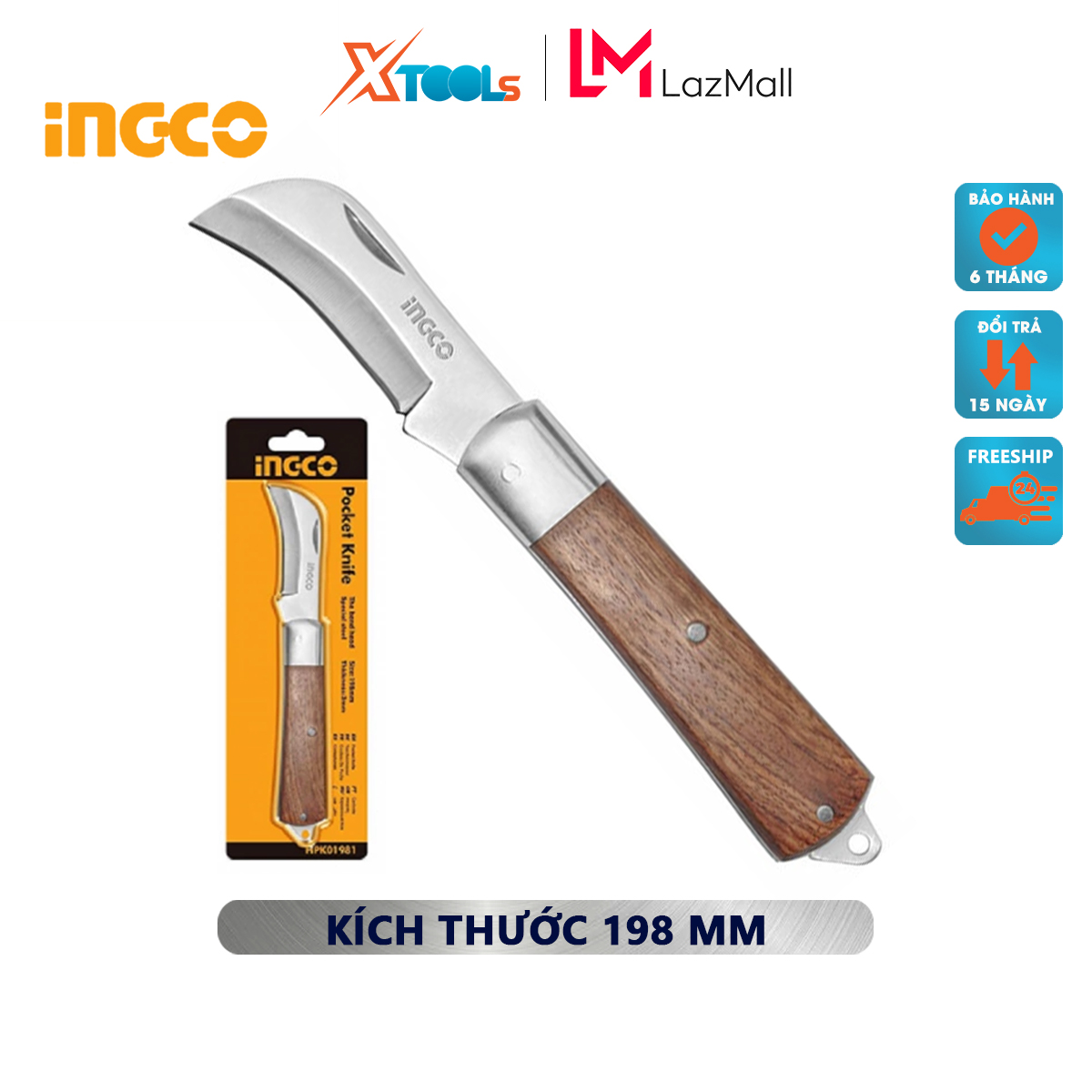 Dao tước dây điện lưỡi cong INGCO HPK82101 dao cắt cáp lưỡi cong, kích thước 198mm, chất liệu thép đặc biệt, độ dày 2.5mm bóc tách lõi dây điện, dây cáp