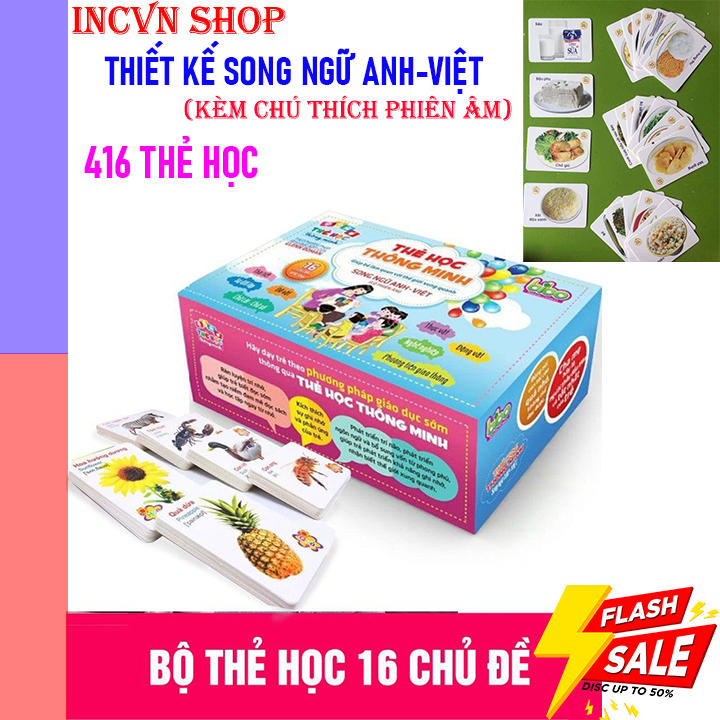 [Loại to] Bộ thẻ học thông minh cho bé, thẻ học tiếng anh, song ngữ Anh- Việt 416 cho bé từ 0-4 tuổi - Thẻ flashcard 16 chủ đề