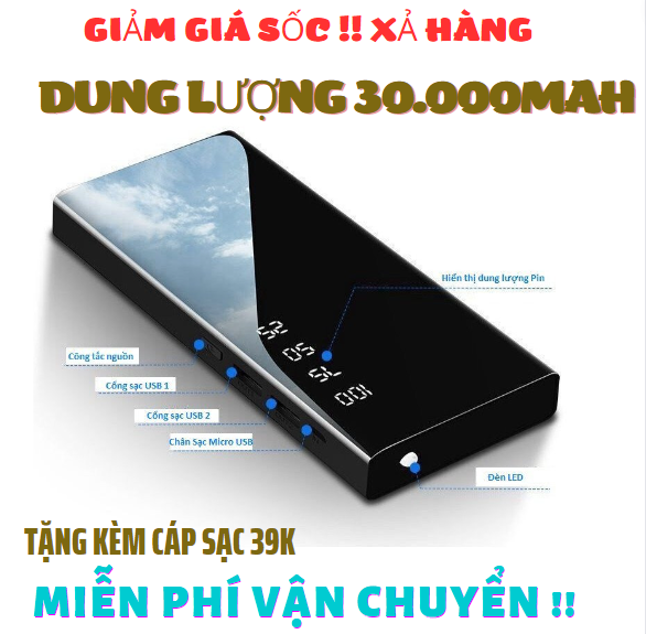 Sạc dự phòng dung lượng 30000mah mặt gương cao cấp - pin sạc dự phòng giá rẻ, 2 cổng sạc, có đèn led, hỗ trợ sạc nhanh- cục sạc dự phòng rẻ