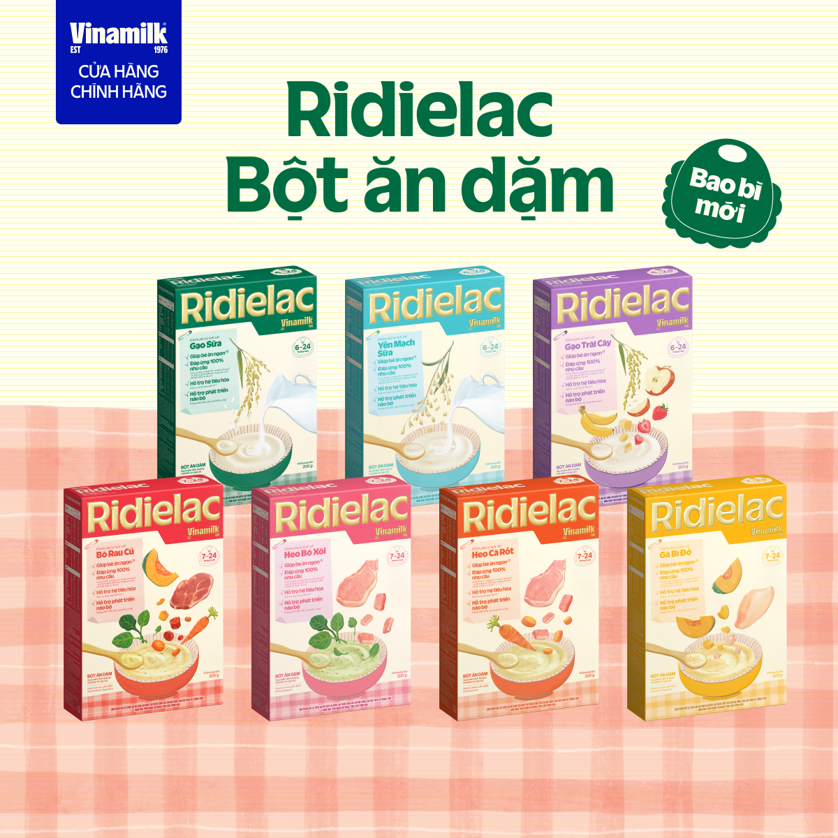   Bao Bì Mới- Chọn Vị  Hộp giấy Bột ăn dặm Vinamilk Ridielac 200g 