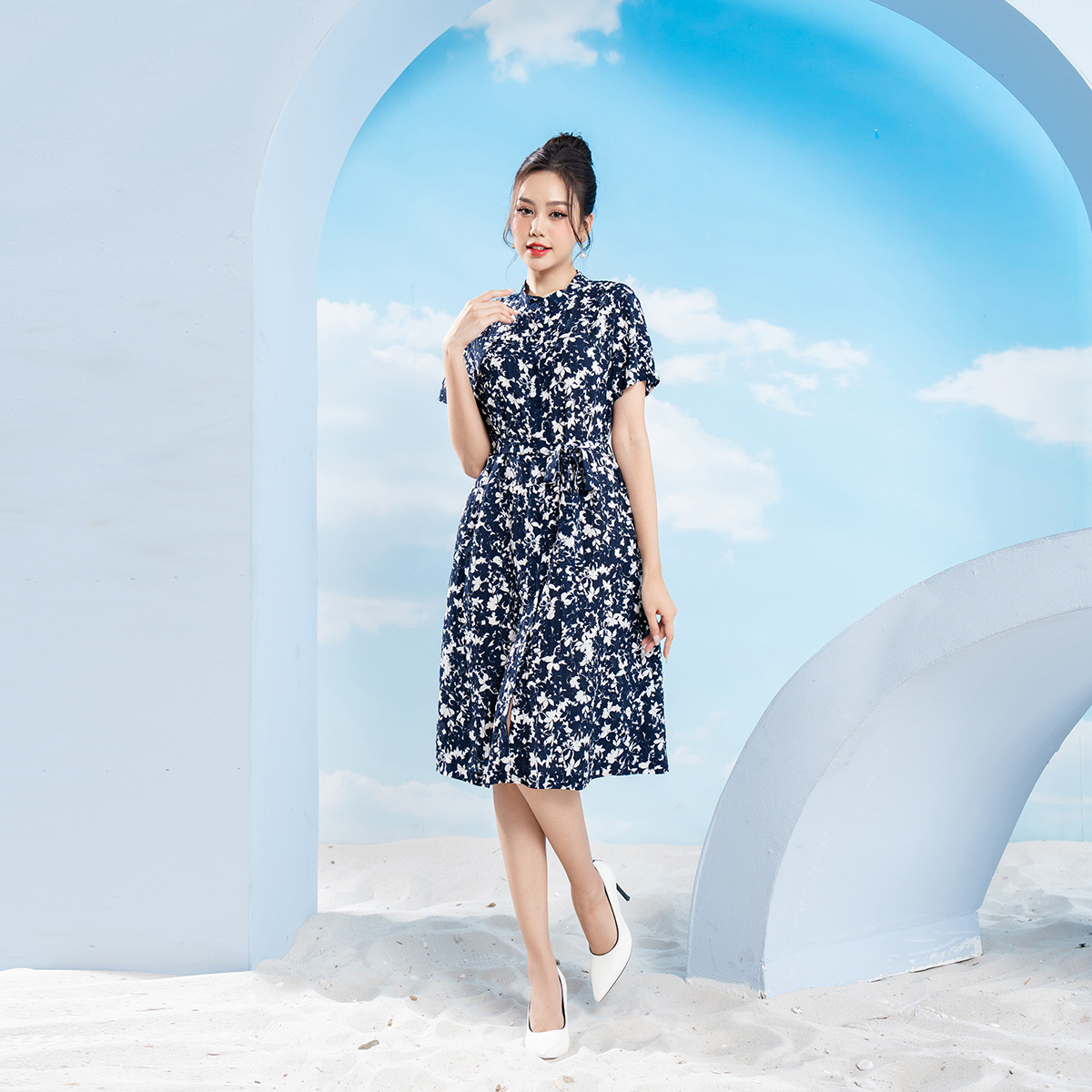 Đầm suông lamer cổ tàu nơ eo l63t23h013