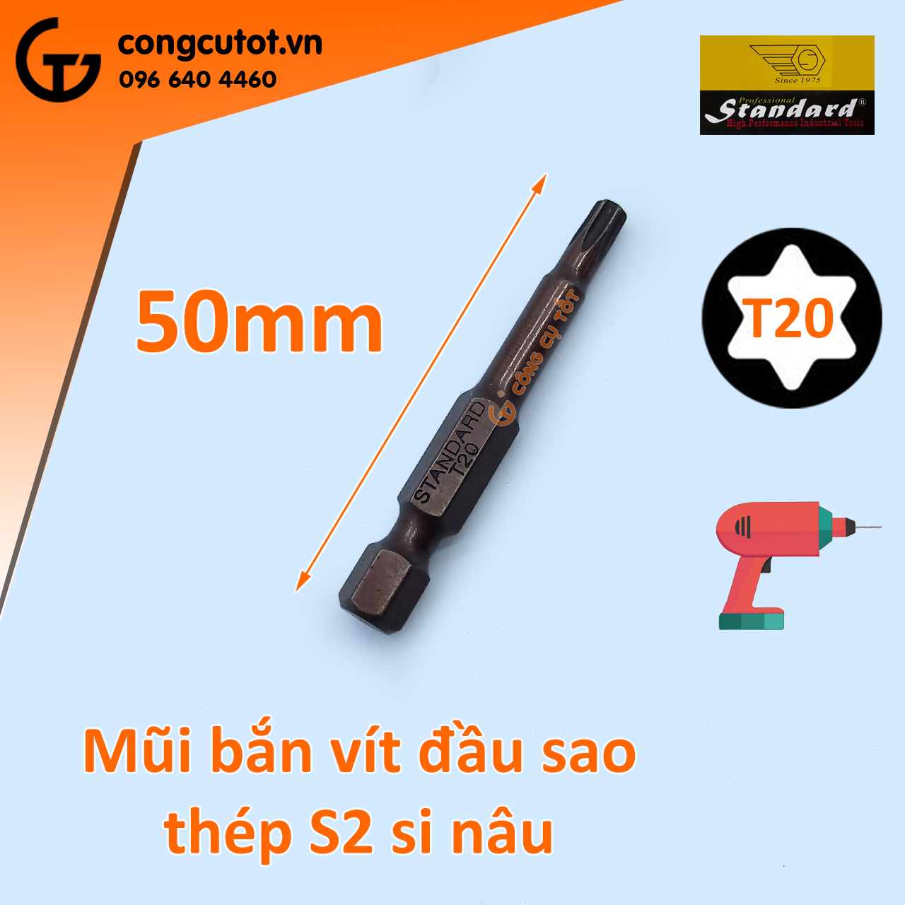Đầu bắt vít hình sao chuôi lục si nâu Standard T20