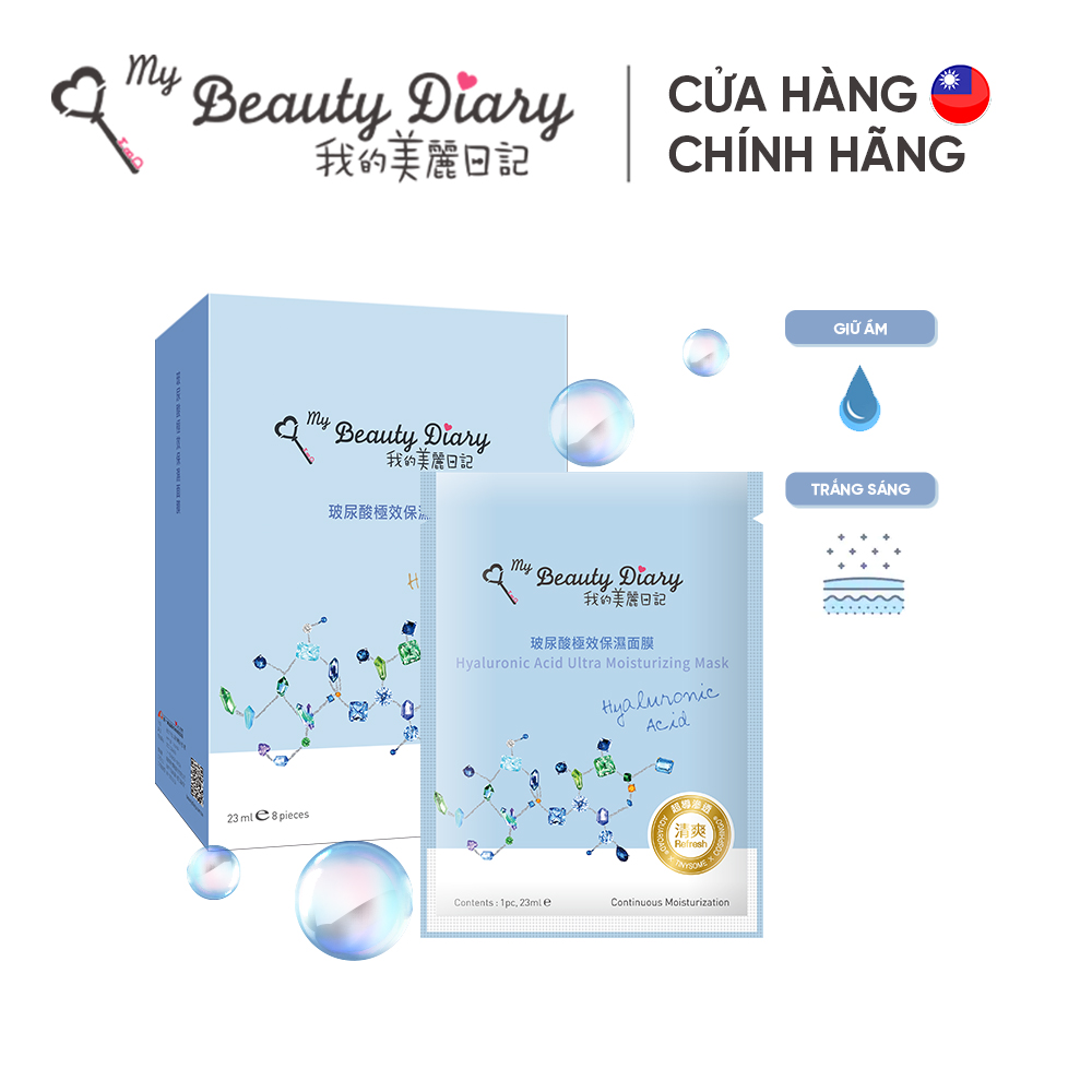 Hộp 8 miếng mặt nạ Cấp nước và dưỡng ẩm My Beauty Diary Taiwan Hyaluronic Acid Moisturizing Mask 23ml/miếng