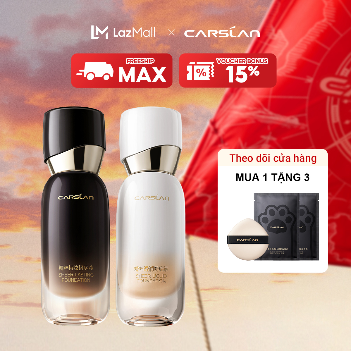 Kem nền huyết thanh Carslan mỏng nhẹ lâu trôi suốt 24H với Vitamin C chống oxy hóa chống xuống tông một nửa là kem nền một nửa là tinh chất da nhạy cảm cũng có thể dùng 30g