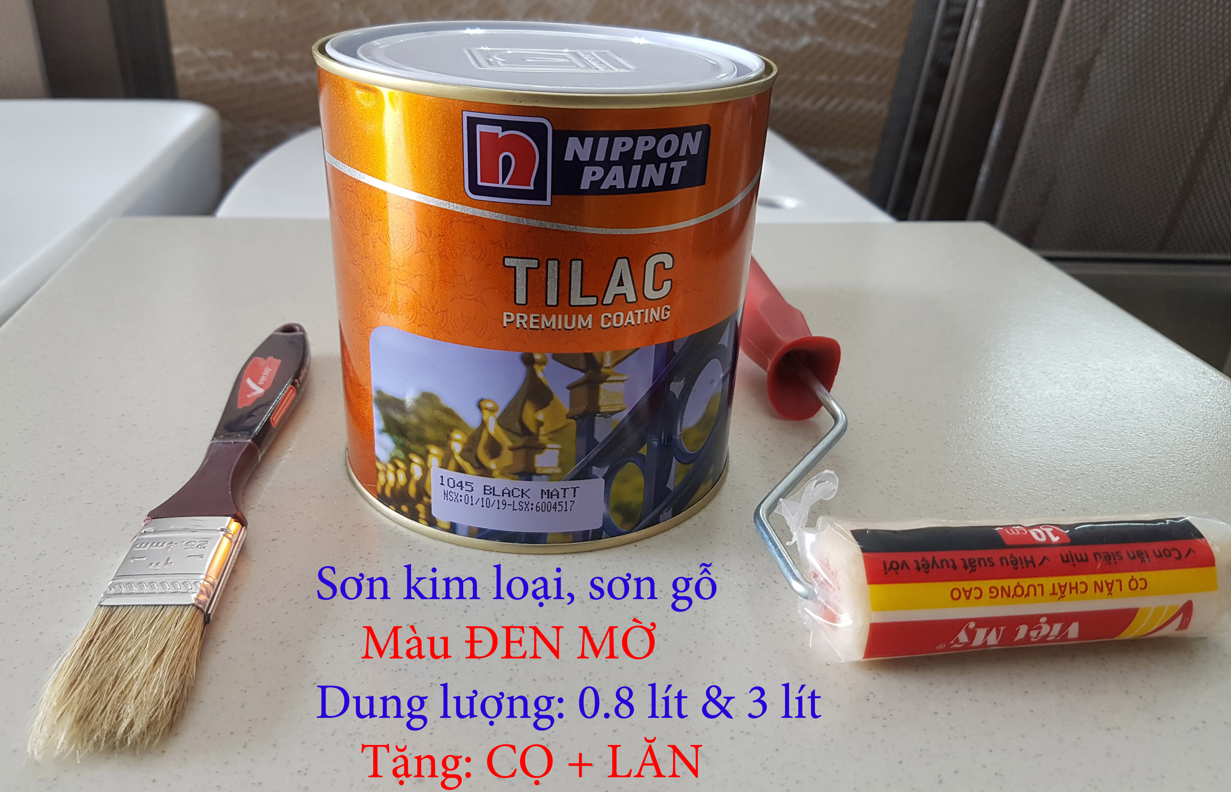[TẶNG CỌ VÀ LĂN] Sơn kim loại, sơn gỗ, đen mờ, Nippon Tilac màng sơn phẳng mịn, chống ăn mòn, 0.8 lít và 3 lít