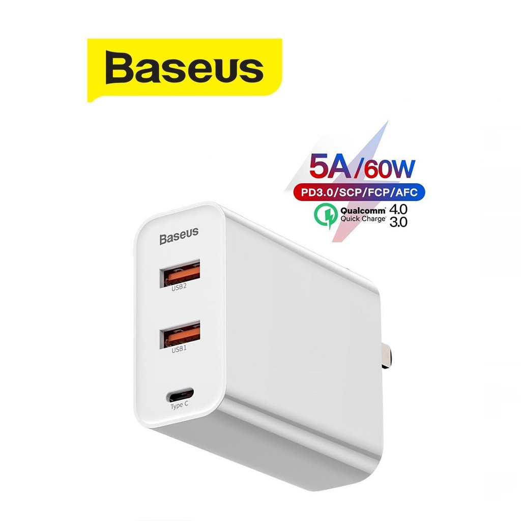 Củ sạc nhanh 60W Baseus PPS Quick Charger chuôi dẹt tự động nhận dạng thiết bị và điều chỉnh công suất cho iPhone/ iPad
