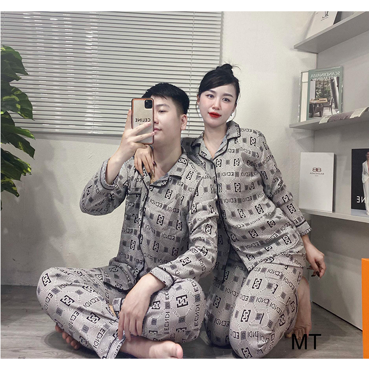 Bộ pyjama lụa dài tay phù hợp cả nam và nữ, bộ đồ ngủ dài tay họa tiết cực đẹp