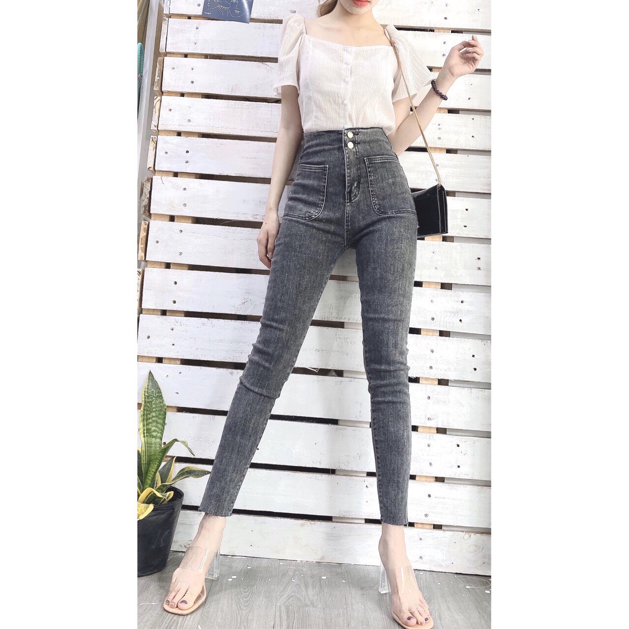 Quần Jean Nữ Lưng Cao 2 CÚC TRƯỚC HAI TÚI BẦU XÁM siêu đẹp chất jean giãn tốt K dai --d5/6
