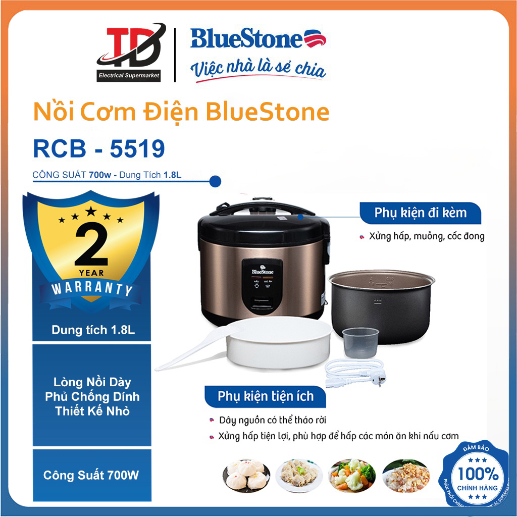 Nồi cơm điện bluestone rcb-5519 1.8l - bảo hành chính hãng 2 năm