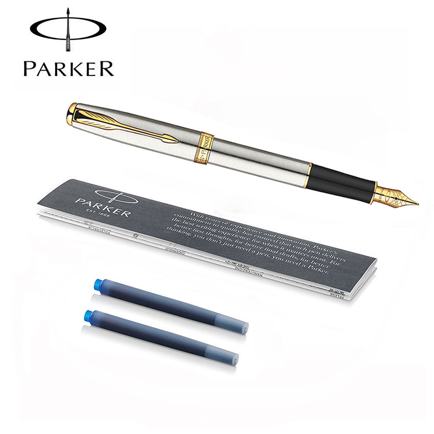 Bút Máy Parker Sonnet & Mực QUINK Hộp Mực Nạp Lại, Ngòi Mảnh Có Mực Đen, Sơn Mài Màu Đen Mờ Viền Vàng